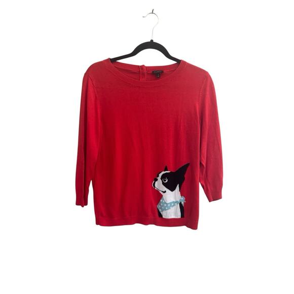 Talbots Sweater Womens Medium Red Dog Graphic Boston Terrier 3/4 Sleeve #6033 - Picture 5 of 12